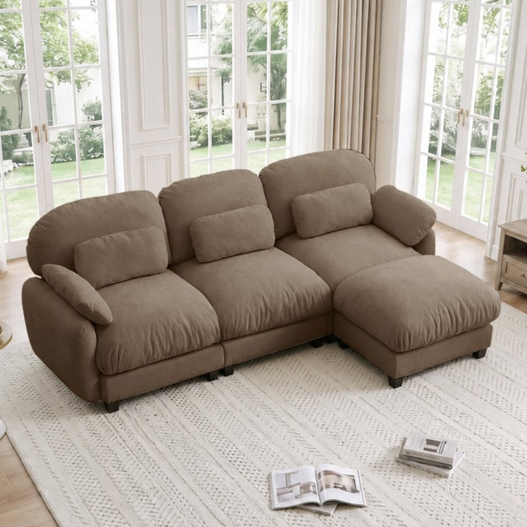 English Elm 3 Seat Modular Cloud Sectional Sofa with Movable Ottoman in Plush Chenille Fabric Brown W714S02062