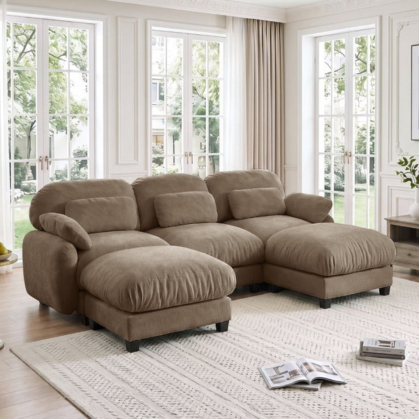 English Elm 3 Seater Chenille U-Shaped Modular Sofa with Removable Ottomans for Large Living Rooms Brown W714S02063