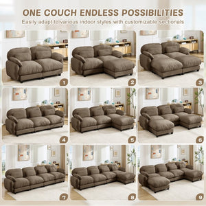 English Elm 3 Seater Chenille U-Shaped Modular Sofa with Removable Ottomans for Large Living Rooms Brown W714S02063