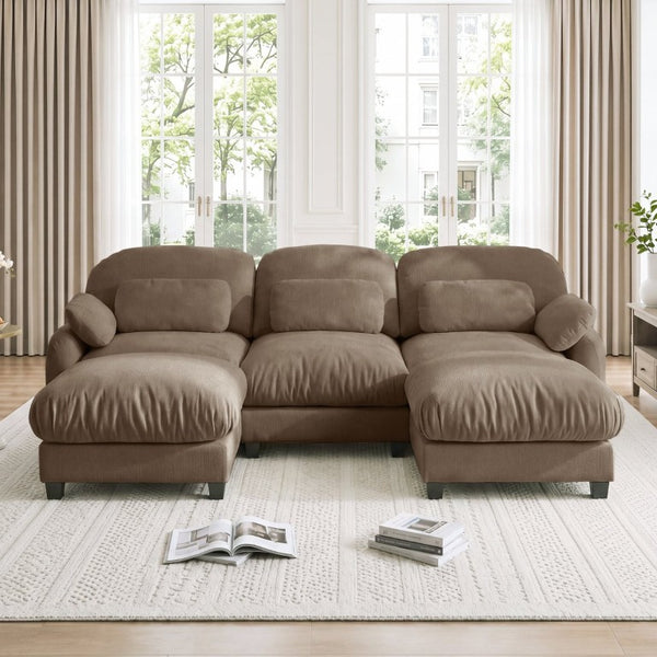 English Elm 3 Seater Chenille U-Shaped Modular Sofa with Removable Ottomans for Large Living Rooms Brown W714S02063