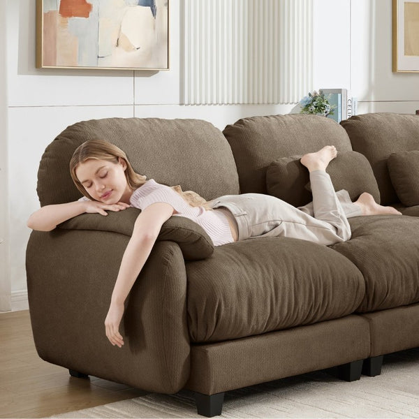 English Elm 3 Seater Chenille U-Shaped Modular Sofa with Removable Ottomans for Large Living Rooms Brown W714S02063