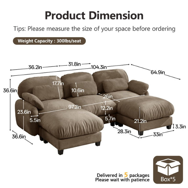 English Elm 3 Seater Chenille U-Shaped Modular Sofa with Removable Ottomans for Large Living Rooms Brown W714S02063