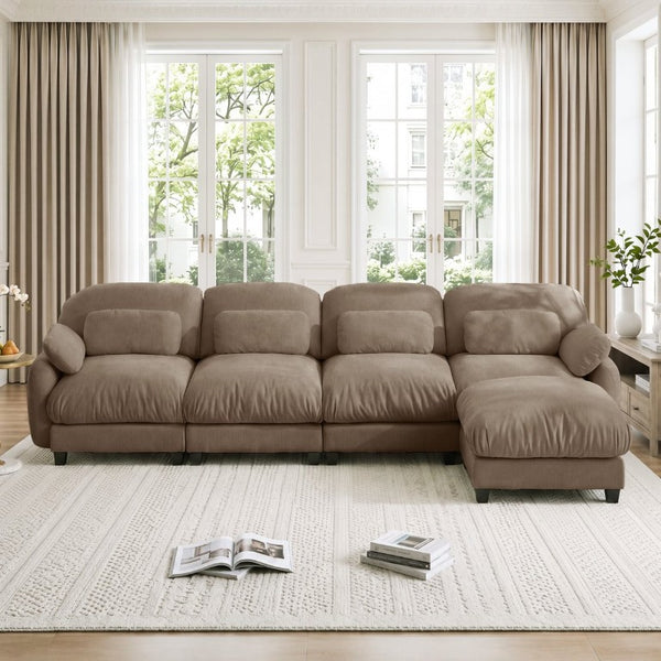 English Elm 4 Seat Modular Chenille Sectional Sofa with Detachable Ottoman for Modern Living Rooms Brown W714S02065