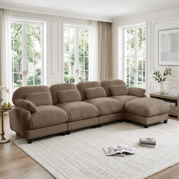 English Elm 4 Seat Modular Chenille Sectional Sofa with Detachable Ottoman for Modern Living Rooms Brown W714S02065