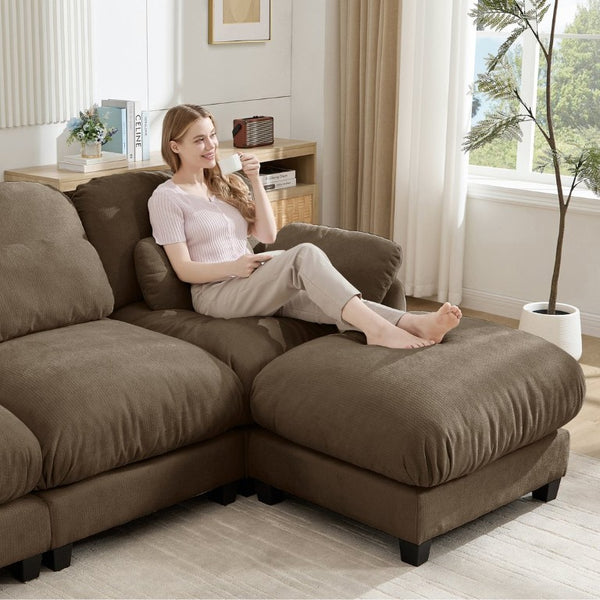 English Elm 4 Seat Modular Chenille Sectional Sofa with Detachable Ottoman for Modern Living Rooms Brown W714S02065