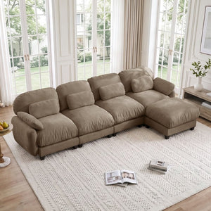 English Elm 4 Seat Modular Chenille Sectional Sofa with Detachable Ottoman for Modern Living Rooms Brown W714S02065