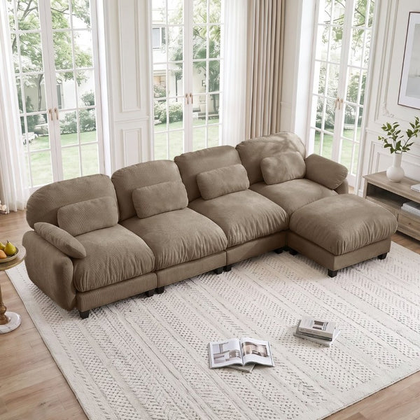 English Elm 4 Seat Modular Chenille Sectional Sofa with Detachable Ottoman for Modern Living Rooms Brown W714S02065