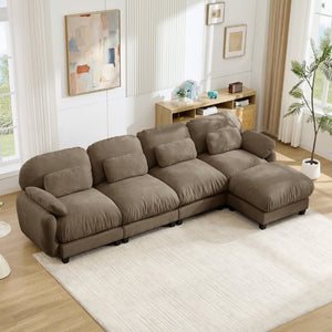 English Elm 4 Seat Modular Chenille Sectional Sofa with Detachable Ottoman for Modern Living Rooms Brown W714S02065