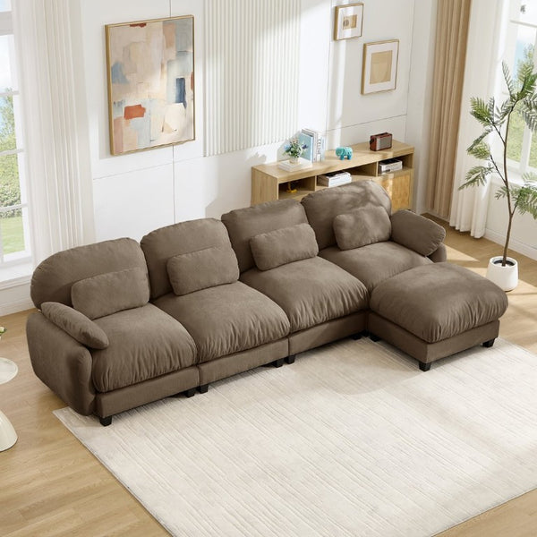 English Elm 4 Seat Modular Chenille Sectional Sofa with Detachable Ottoman for Modern Living Rooms Brown W714S02065