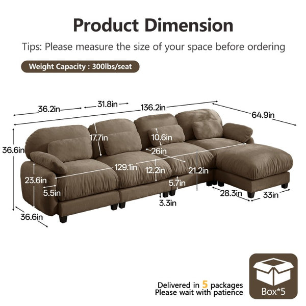 English Elm 4 Seat Modular Chenille Sectional Sofa with Detachable Ottoman for Modern Living Rooms Brown W714S02065