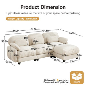 English Elm 3 Seat Modular Cloud Sectional Sofa with Movable Ottoman in Plush Chenille Fabric Beige W714S02071