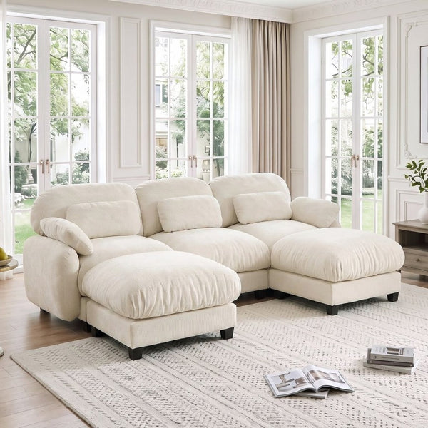 English Elm 3 Seater Chenille U-Shaped Modular Sofa with Removable Ottomans for Large Living Rooms Beige W714S02072