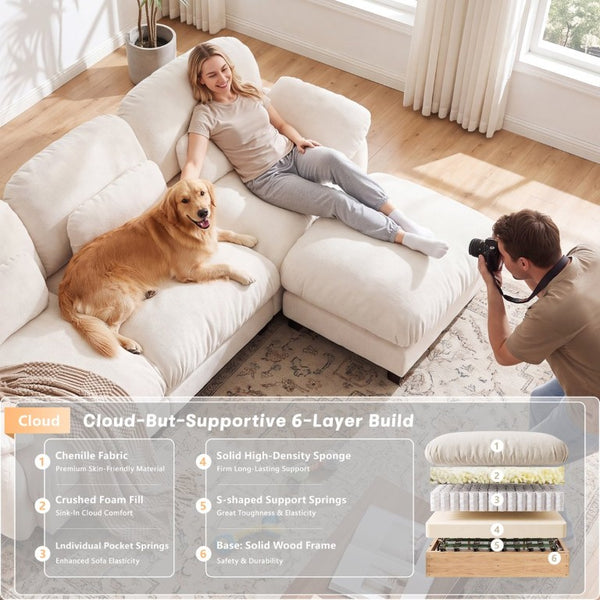 English Elm 3 Seater Chenille U-Shaped Modular Sofa with Removable Ottomans for Large Living Rooms Beige W714S02072