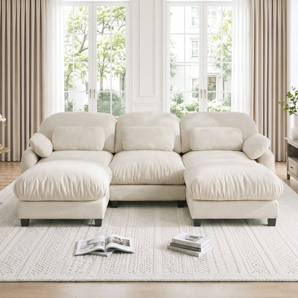 English Elm 3 Seater Chenille U-Shaped Modular Sofa with Removable Ottomans for Large Living Rooms Beige W714S02072