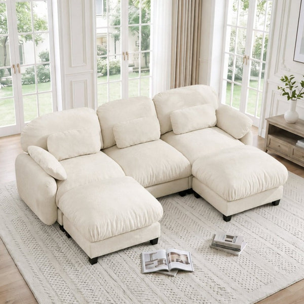 English Elm 3 Seater Chenille U-Shaped Modular Sofa with Removable Ottomans for Large Living Rooms Beige W714S02072