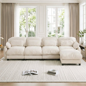 English Elm 4 Seat Modular Chenille Sectional Sofa with Detachable Ottoman for Modern Living Rooms Beige W714S02074