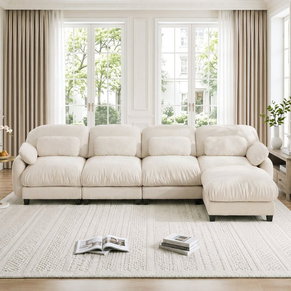 English Elm 4 Seat Modular Chenille Sectional Sofa with Detachable Ottoman for Modern Living Rooms Beige W714S02074