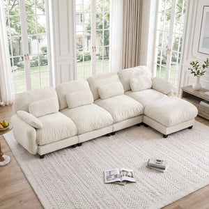 English Elm 4 Seat Modular Chenille Sectional Sofa with Detachable Ottoman for Modern Living Rooms Beige W714S02074