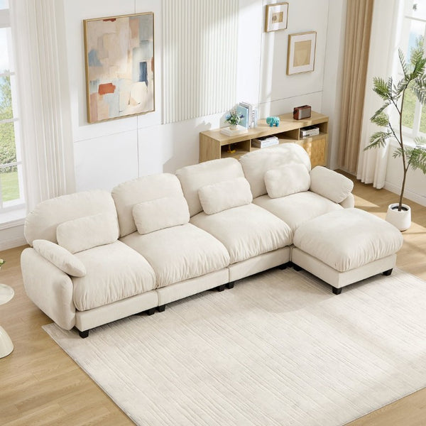 English Elm 4 Seat Modular Chenille Sectional Sofa with Detachable Ottoman for Modern Living Rooms Beige W714S02074