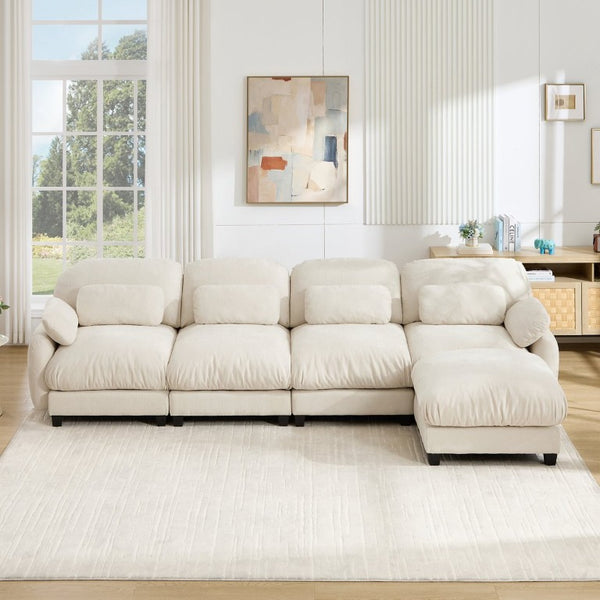 English Elm 4 Seat Modular Chenille Sectional Sofa with Detachable Ottoman for Modern Living Rooms Beige W714S02074