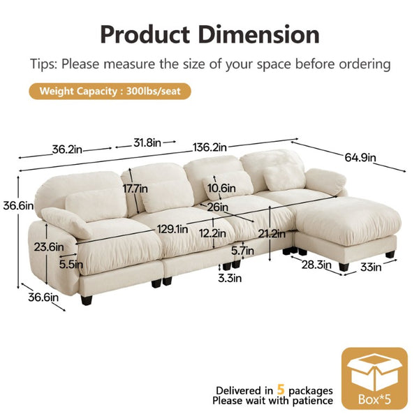 English Elm 4 Seat Modular Chenille Sectional Sofa with Detachable Ottoman for Modern Living Rooms Beige W714S02074