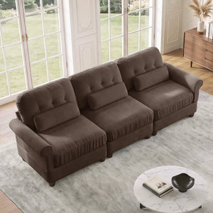 English Elm Chenille Three Seater Modular Sofa with Tufted Back Rolled Arms and Ruffled Skirt Detail W714S02081
