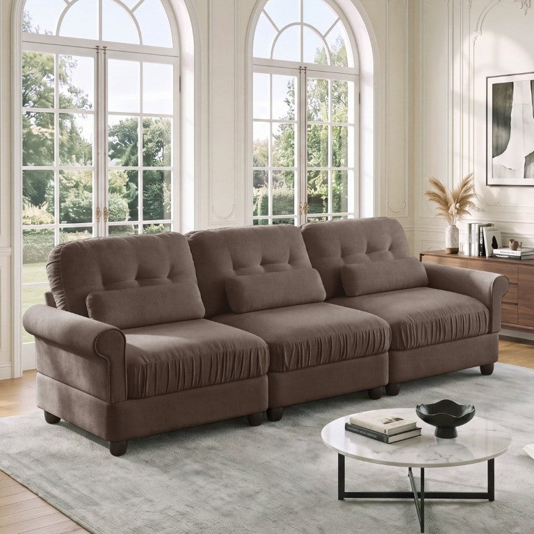 English Elm Chenille Three Seater Modular Sofa with Tufted Back Rolled Arms and Ruffled Skirt Detail W714S02081