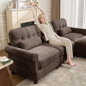 English Elm Chenille Three Seater Modular Sofa with Tufted Back Rolled Arms and Ruffled Skirt Detail W714S02081