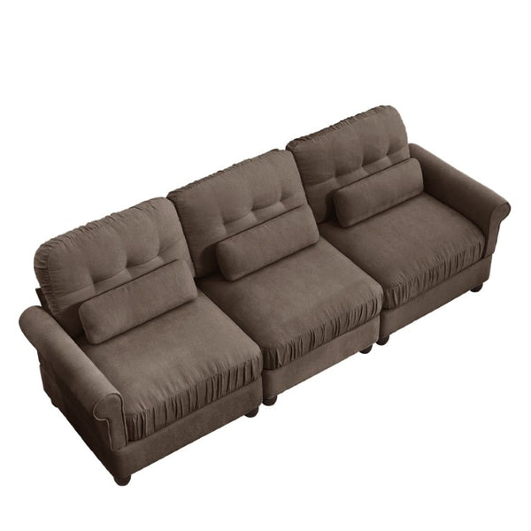 English Elm Chenille Three Seater Modular Sofa with Tufted Back Rolled Arms and Ruffled Skirt Detail W714S02081