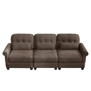 English Elm Chenille Three Seater Modular Sofa with Tufted Back Rolled Arms and Ruffled Skirt Detail W714S02081