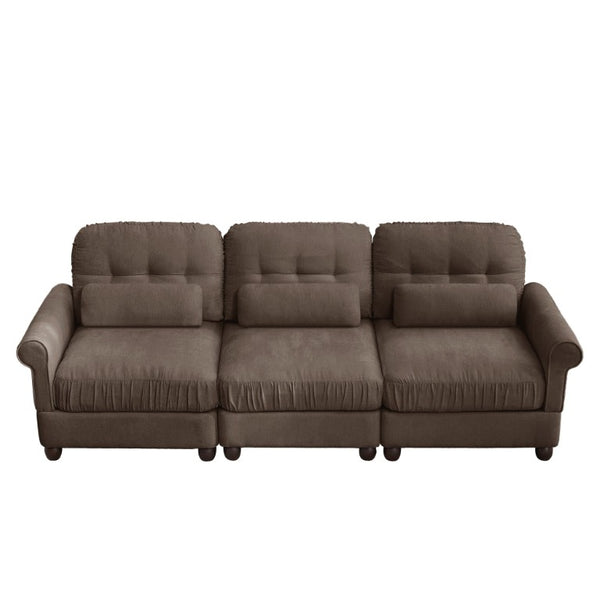 English Elm Chenille Three Seater Modular Sofa with Tufted Back Rolled Arms and Ruffled Skirt Detail W714S02081
