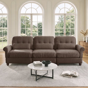 English Elm Chenille Three Seater Modular Sofa with Tufted Back Rolled Arms and Ruffled Skirt Detail W714S02081