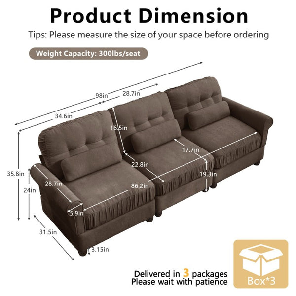 English Elm Chenille Three Seater Modular Sofa with Tufted Back Rolled Arms and Ruffled Skirt Detail W714S02081