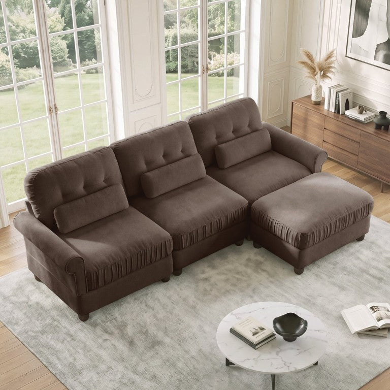 English Elm Chenille Modular Sectional with Ottoman Button Tufted Back and Rolled Arms for Living Room W714S02082