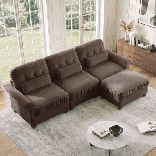 English Elm Chenille Modular Sectional with Ottoman Button Tufted Back and Rolled Arms for Living Room W714S02082