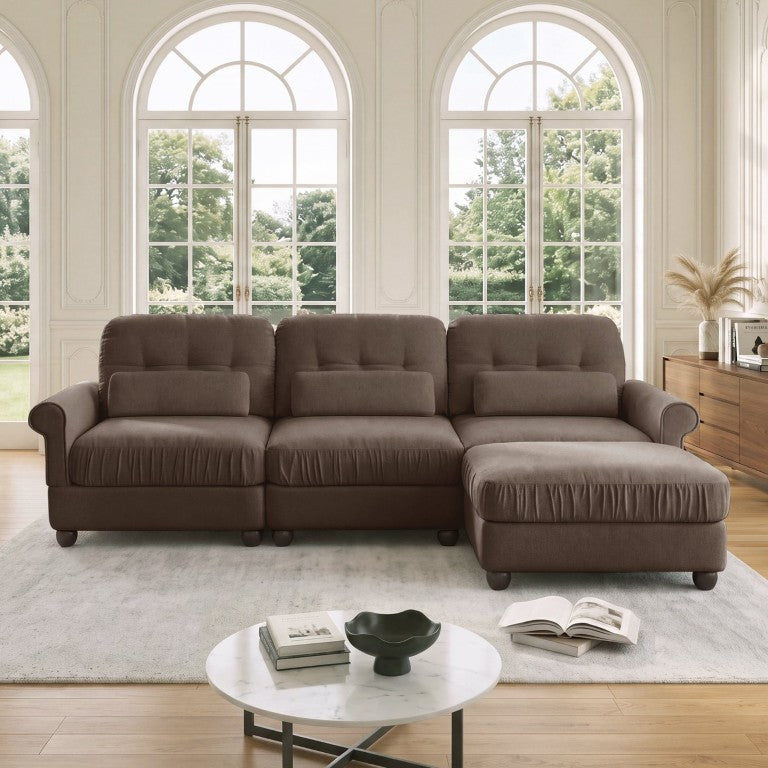 English Elm Chenille Modular Sectional with Ottoman Button Tufted Back and Rolled Arms for Living Room W714S02082