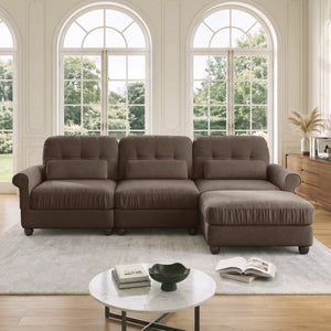 English Elm Chenille Modular Sectional with Ottoman Button Tufted Back and Rolled Arms for Living Room W714S02082