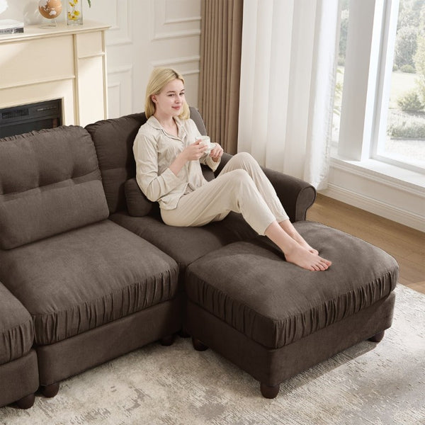 English Elm Chenille Modular Sectional with Ottoman Button Tufted Back and Rolled Arms for Living Room W714S02082