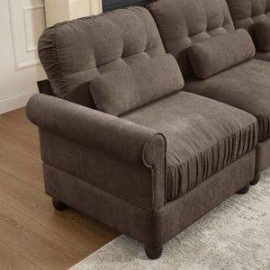 English Elm Chenille Modular Sectional with Ottoman Button Tufted Back and Rolled Arms for Living Room W714S02082