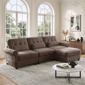 English Elm Chenille Modular Sectional with Ottoman Button Tufted Back and Rolled Arms for Living Room W714S02082