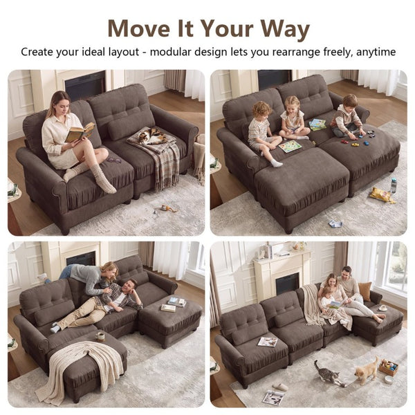 English Elm Chenille Modular U-Shape Sectional with Button-Tufted Back and Deep Cozy Seating Brown 4-Seater W714S02084