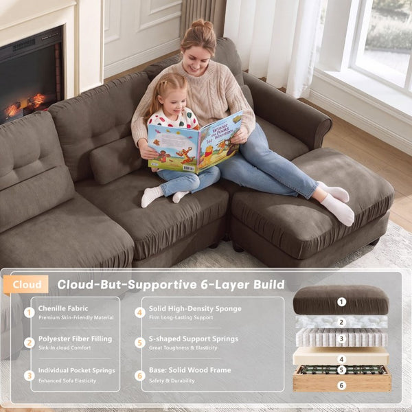 English Elm Chenille Modular U-Shape Sectional with Button-Tufted Back and Deep Cozy Seating Brown 4-Seater W714S02084