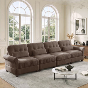 English Elm Chenille Modular U-Shape Sectional with Button-Tufted Back and Deep Cozy Seating Brown 4-Seater W714S02084