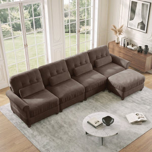 English Elm Chenille Modular U-Shape Sectional with Button-Tufted Back and Deep Cozy Seating Brown 4-Seater with One Ottoman W714S02085