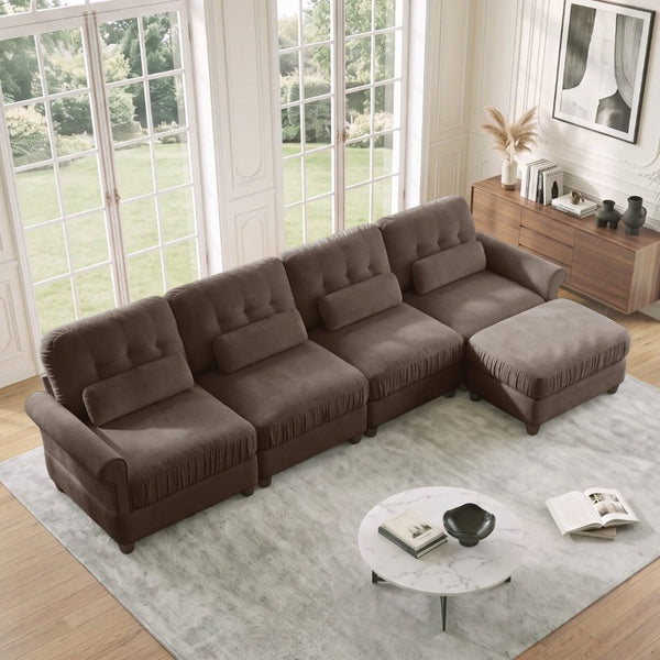 English Elm Chenille Modular U-Shape Sectional with Button-Tufted Back and Deep Cozy Seating Brown 4-Seater with One Ottoman W714S02085