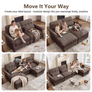 English Elm Chenille Modular U-Shape Sectional with Button-Tufted Back and Deep Cozy Seating Brown 4-Seater with One Ottoman W714S02085