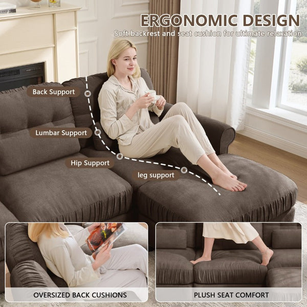 English Elm Chenille Modular U-Shape Sectional with Button-Tufted Back and Deep Cozy Seating Brown 4-Seater with One Ottoman W714S02085