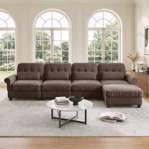 English Elm Chenille Modular U-Shape Sectional with Button-Tufted Back and Deep Cozy Seating Brown 4-Seater with One Ottoman W714S02085