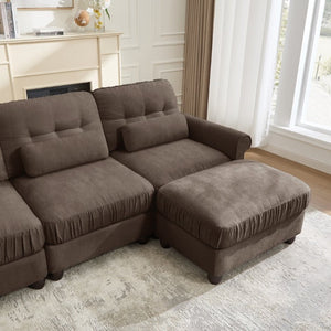 English Elm Chenille Modular U-Shape Sectional with Button-Tufted Back and Deep Cozy Seating Brown 4-Seater with One Ottoman W714S02085