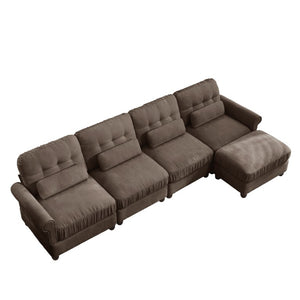 English Elm Chenille Modular U-Shape Sectional with Button-Tufted Back and Deep Cozy Seating Brown 4-Seater with One Ottoman W714S02085